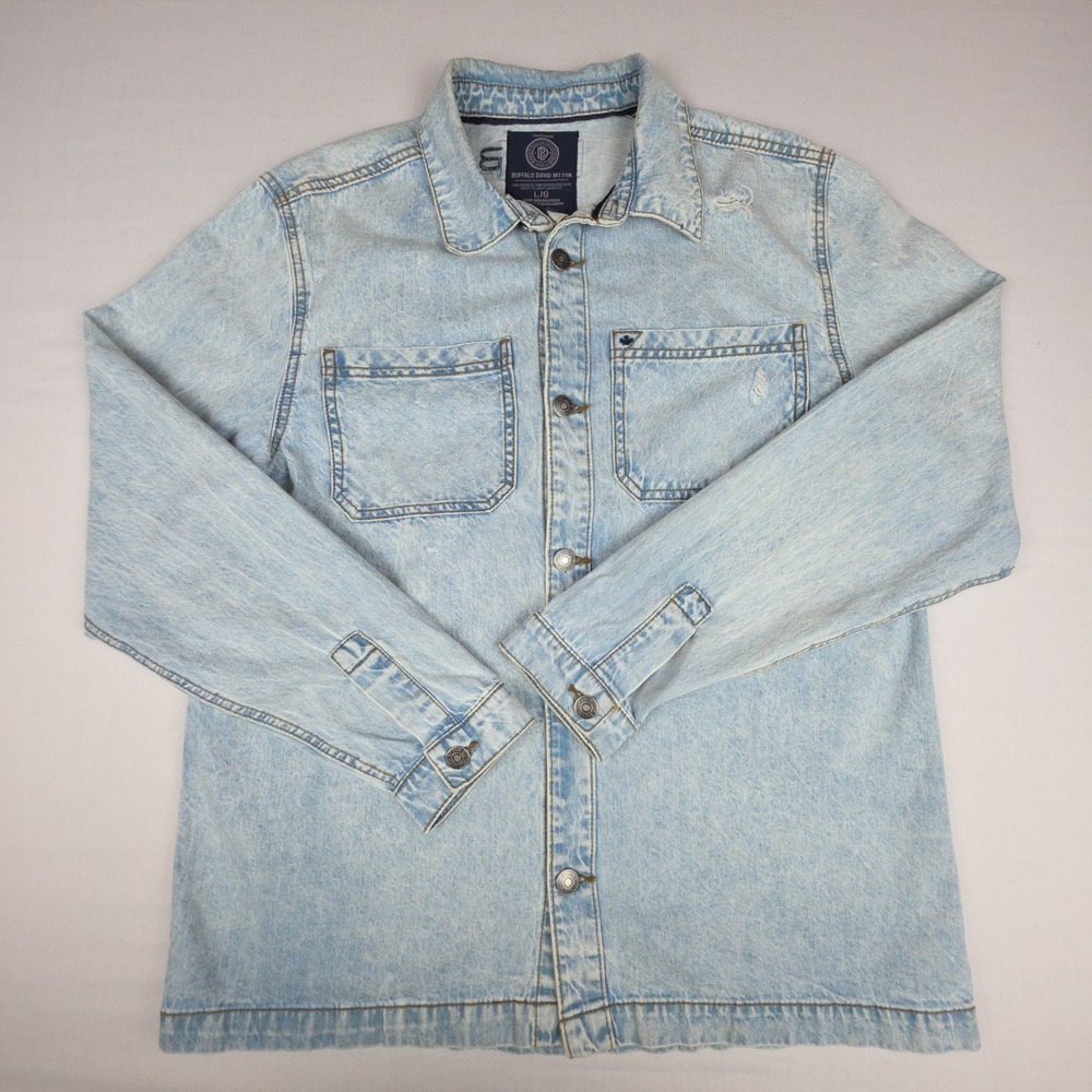 Buffalo David Bitton Light Wash Distressed Denim Shirt Jacket Mens Large Blue